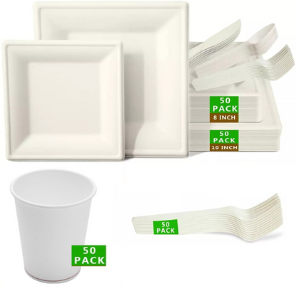 SALO GREN - 200 Pezzi - Set Biodegradabili Compostabili Usa e Getta - Include 100 Piatti Quadrati doppia misura , 50 Forchette e 50 Bicchieri - Stoviglie Monouso Riciclabili