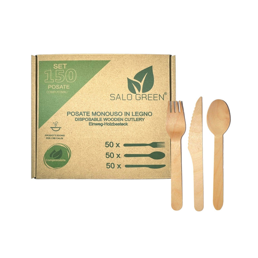 SALO GREEN - Set da 3000 Posate Biodegradabili e Compostabili in Legno Naturale - 1000 Forchette 1000 Coltelli 1000 Cucchiai - 3000 Pezzi SALO GREEN