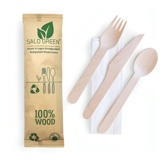 SALO GREEN - 50 Set di Posate Ristorante Biodegradabili e 100% Compostabili in Legno Naturale - Tris : Forchetta Coltello Cucchiaio e Tovagliolo - Box con 50 Set SALO GREEN